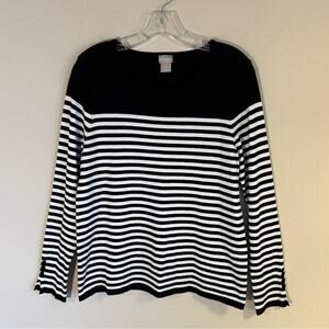 Chico’s Black/White Striped Crewneck Button Sleeve Boxy Sweater Size Medium